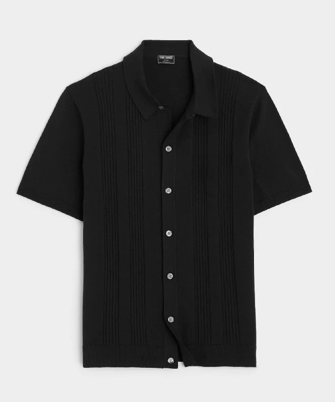 Silk Cotton Ribbed Full Placket Polo in Black