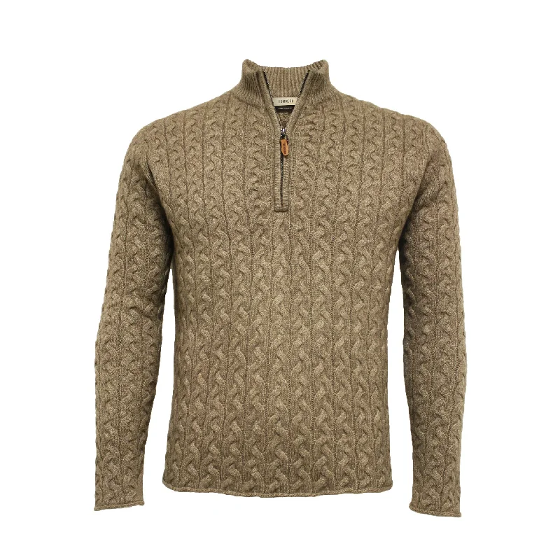 Camel Cashmere Half Zip Sweater in Full Cable knit Neil