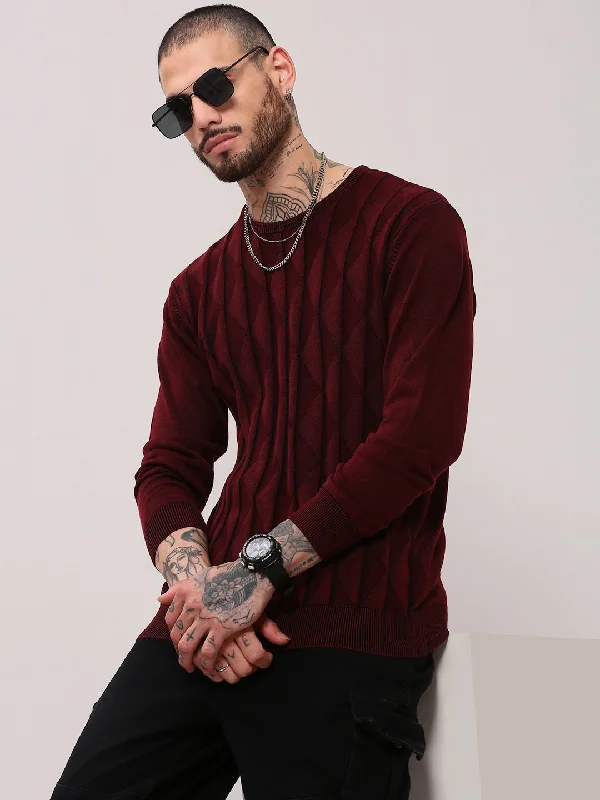 Men Maroon Geometric Sweater