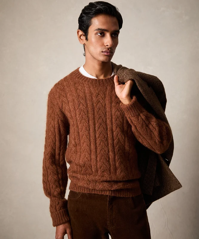 Brushed Cable Knit Crewneck Sweater in Saddle Brown