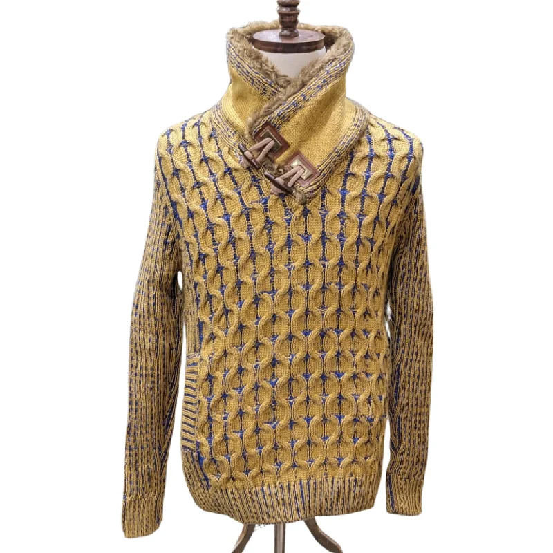 Young Republic Mens Mustard Yellow & Blue Cotton Blend Shawl Neck Aran Sweater