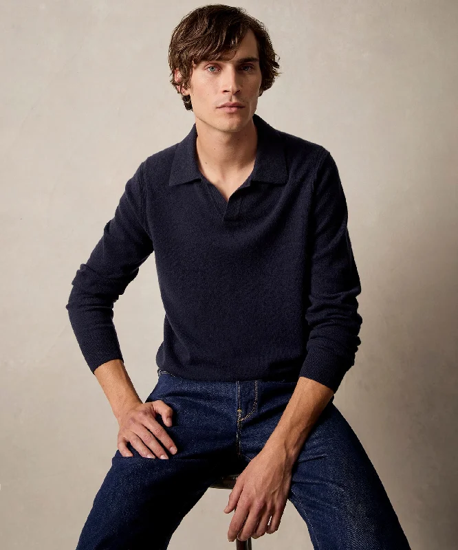 Long-Sleeve Cashmere Montauk Polo in Navy