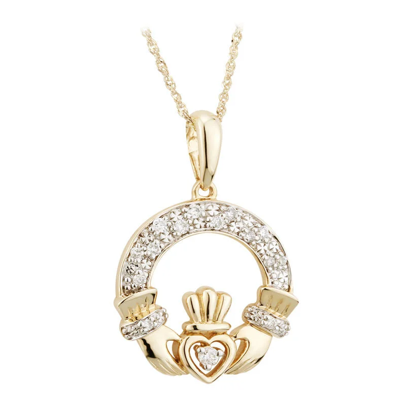 14K Gold Diamond Irish Claddagh Necklace