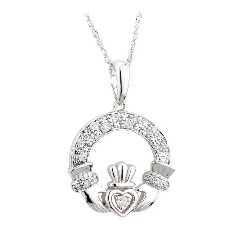 14K White Gold Diamond Claddagh Necklace