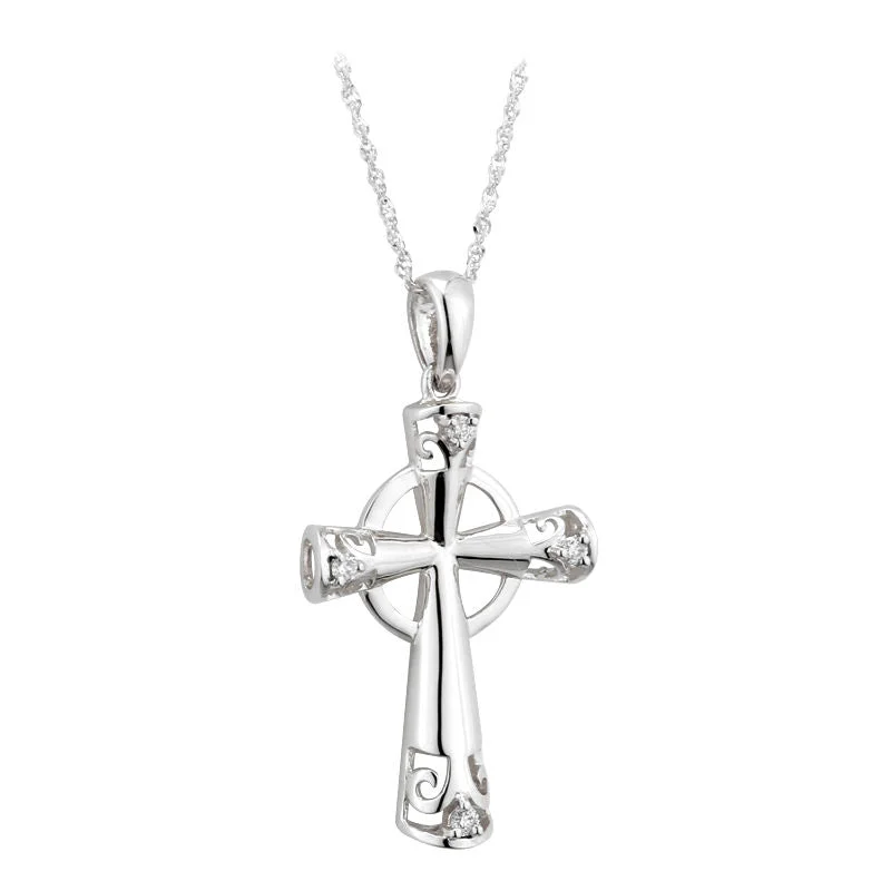 14k White Gold Genuine Diamond Celtic High Cross