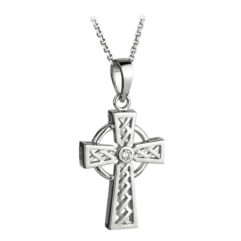 14K White Gold Diamond Celtic Cross Necklace