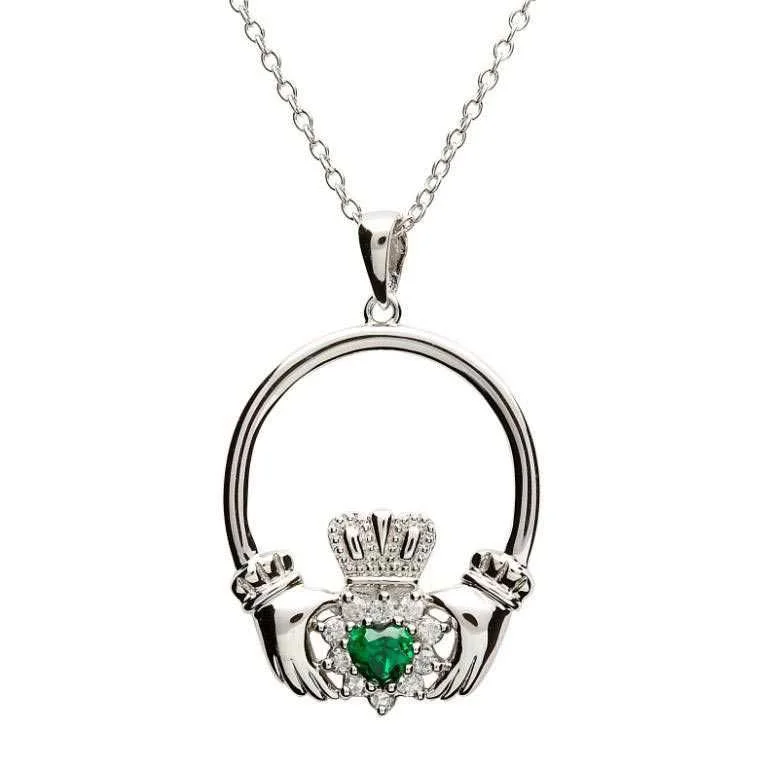 Sterling Silver Claddagh Green Necklace