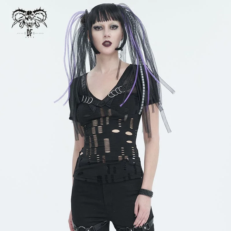 Women's Gothic Plunging Ripped Mesh Shirt