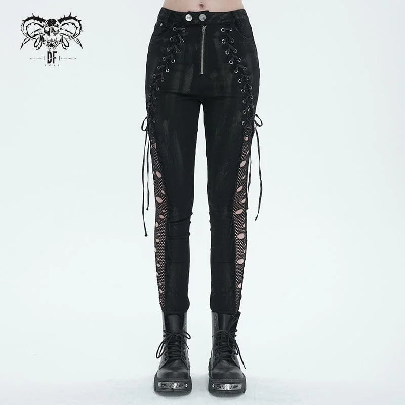 Women's Punk Strappy Mesh Splice Distressed Leggings